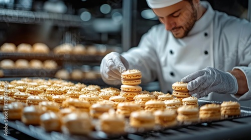 Skilled baker arranging freshly made pastries in a busy bakery just before op...
