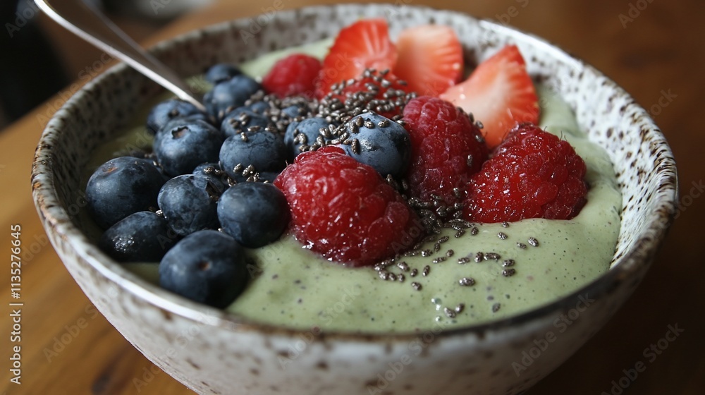 Green smoothie bowl topped with fresh berries and chia seeds. Green smoothie bowl topped with fresh berries and chia seeds.