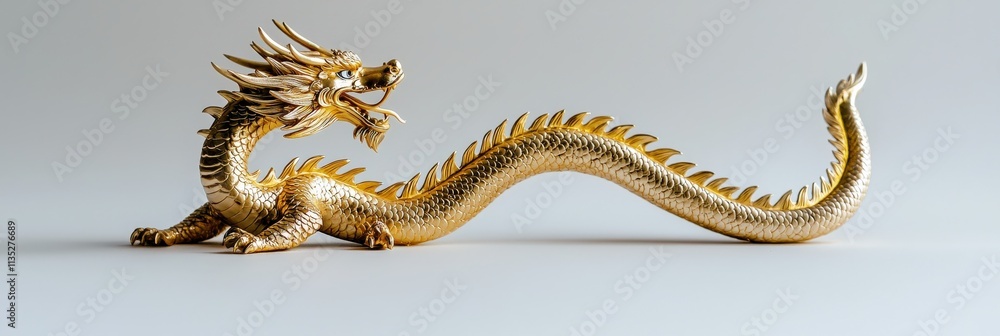 Fototapeta premium A golden dragon figurine, symbolizing strength and luck, placed at the center of a clean white backdrop