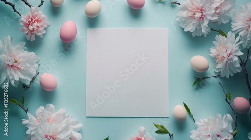 Creative spring layout with blank paper and cherry blossom flowers around pas...