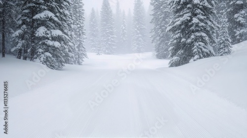 Snow covered forest path with red bird perched in winter wonderland