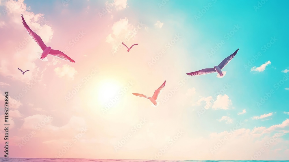 Obraz premium A serene seascape with birds flying against a colorful sunset.