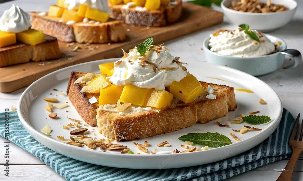 Toasted Bread with Mixed Berry Jam and Cream, Rustic Breakfast Dish Garnished with Fresh Mint
Toasted Bread with Mixed Berry Jam and Cream, Rustic Breakfast Dish Garnished with Fresh Mint