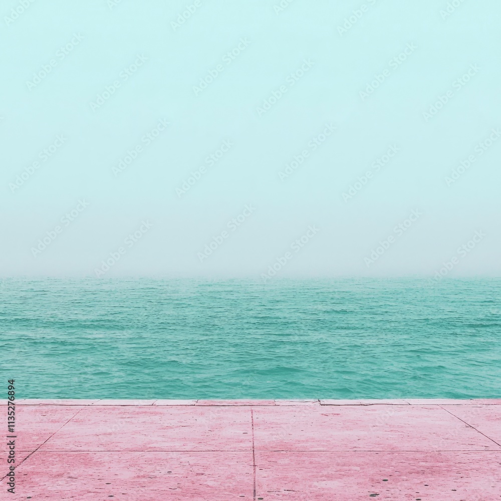 Obraz premium A serene seascape with a pastel-colored horizon and a pink walkway.