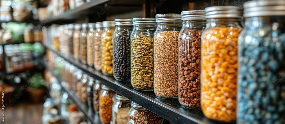 Rows of glass jars filled with various grains, beans, and legumes on shelves in a bulk food store. Rows of glass jars filled with various grains, beans, and legumes on shelves in a bulk food store.