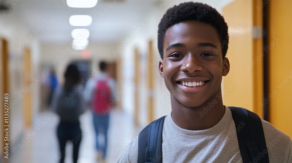 Fototapeta premium Happy Black Student in High School Looking at Camera, Perfect for Educational and Community Engagement Materials