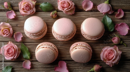 Elegant pink macarons arranged with rose petals on a rustic wooden surface