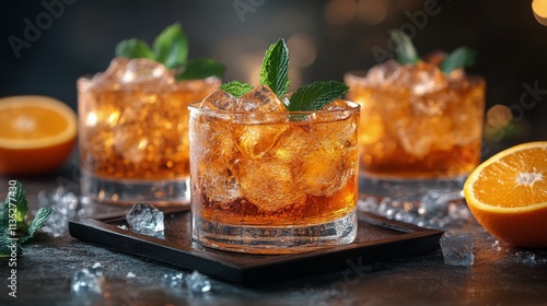 Refreshing citrus drink garnished with mint and ice cubes on a dark surface
