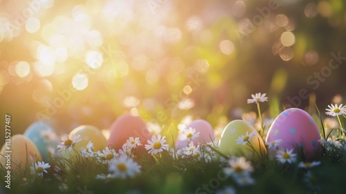 Colorful Easter eggs among blooming flowers in a vibrant spring landscape