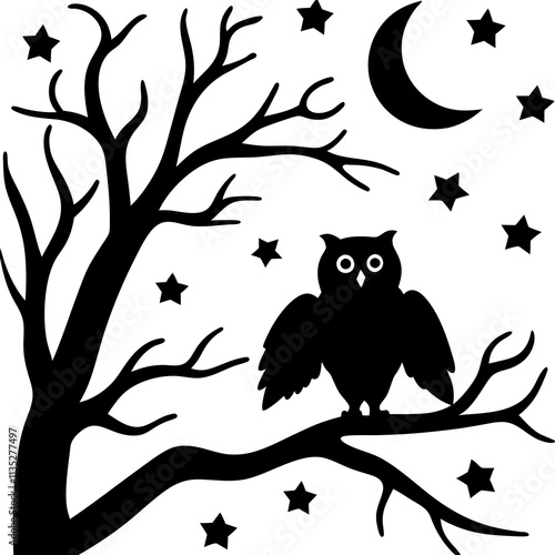 Silhouette of an owl perched on a branch at night