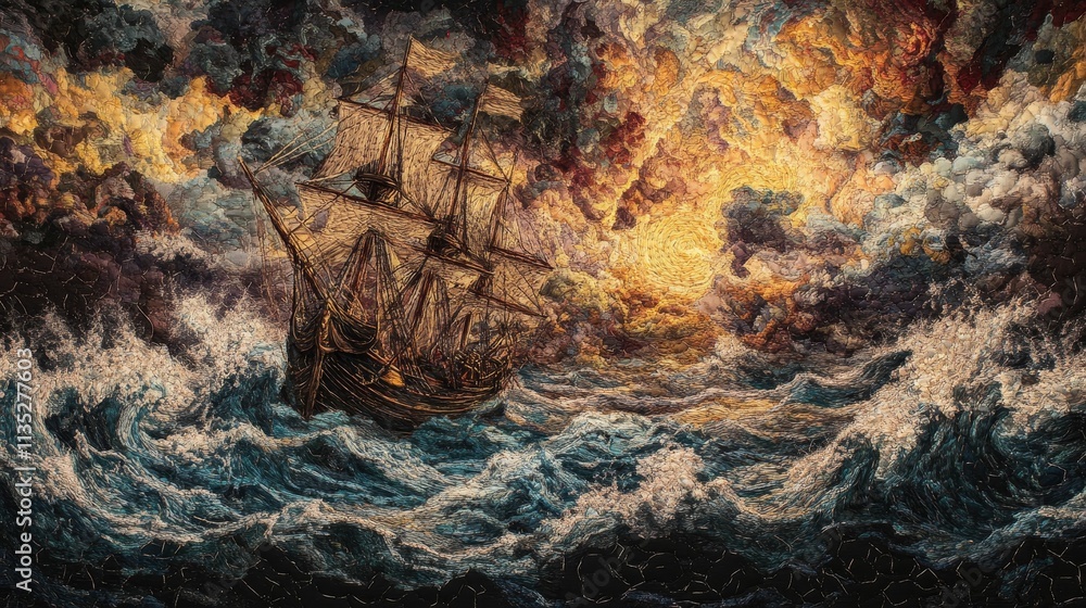Sailing ship braves stormy sea, fiery sunset. Sailing ship braves stormy sea, fiery sunset.
