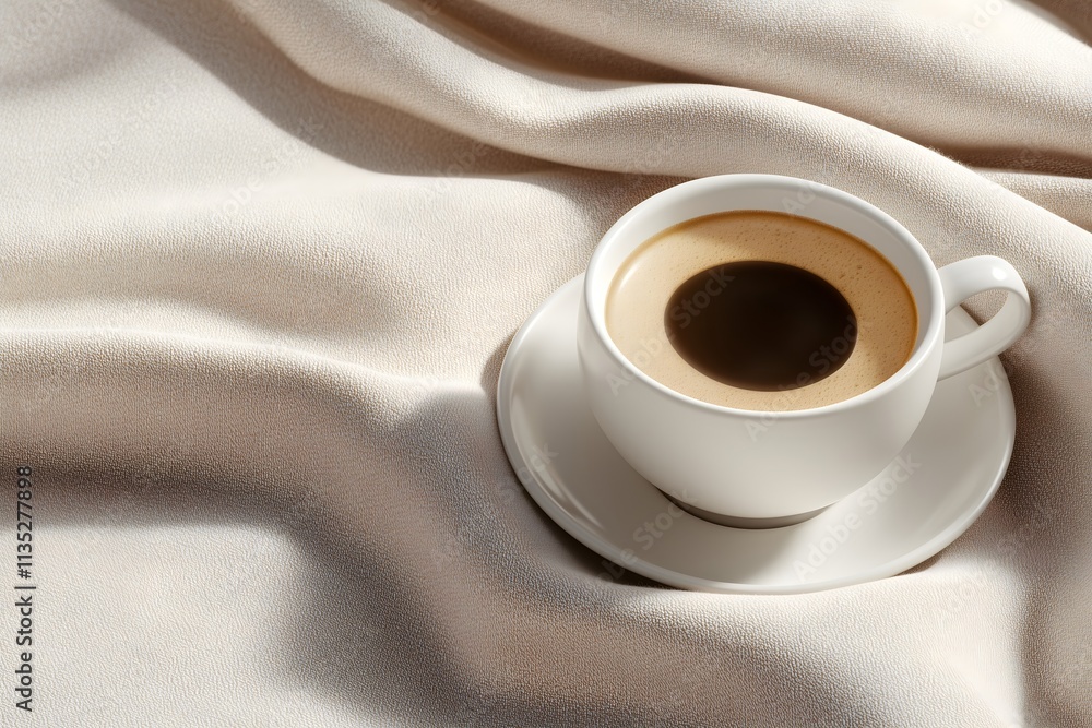 Obraz premium Coffee cup on white silk fabric, horizontal, suitable for luxury cafe promotions, premium coffee brands, and elegant lifestyle content. Perfect for morning routine and coffee culture presentations.