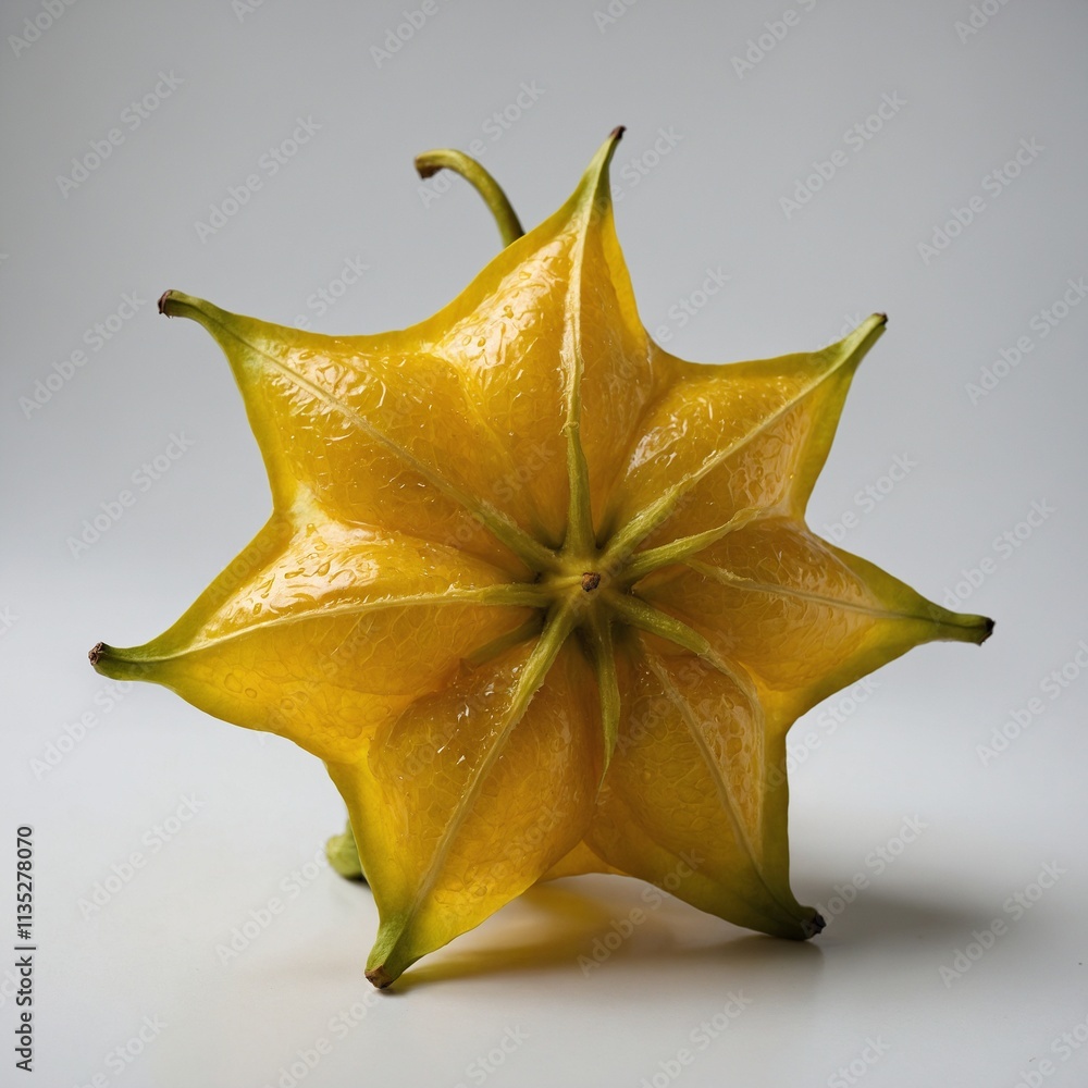 Fototapeta premium A star fruit with its glossy golden-yellow skin resting on a white backdrop.