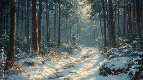 Snowy winter pathway through orange foliage and tall pine trees in a tranquil...
