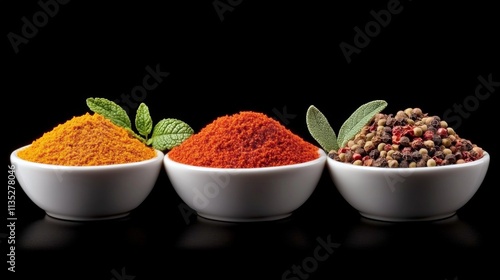 Colorful spices arranged in bowls on black background create an inviting culi...