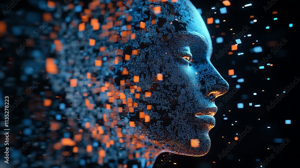 Futuristic face crafted from glowing particles in dark background photo Futuristic face crafted from glowing particles in dark background photo