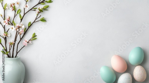 Colorful Easter eggs and cherry blossom branches in a clean modern setting