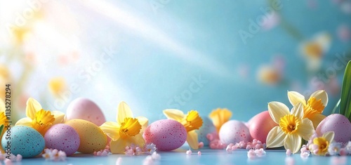 Colorful Easter eggs and spring flowers on a bright blue background