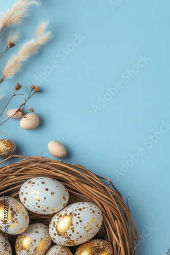 Freshly collected eggs nestled in a straw filled nest against a soft blue bac...