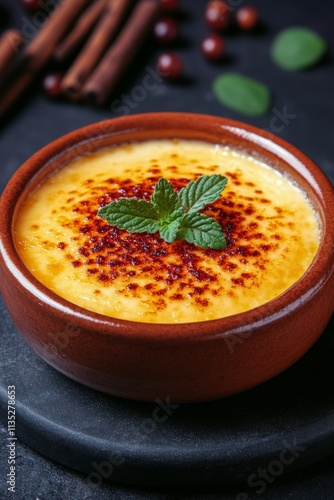 Creamy dessert topped with fresh raspberries and mint leaves in a cozy kitche...