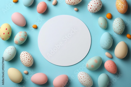 Colorful decorative eggs arranged around an empty white frame on a blue backg...