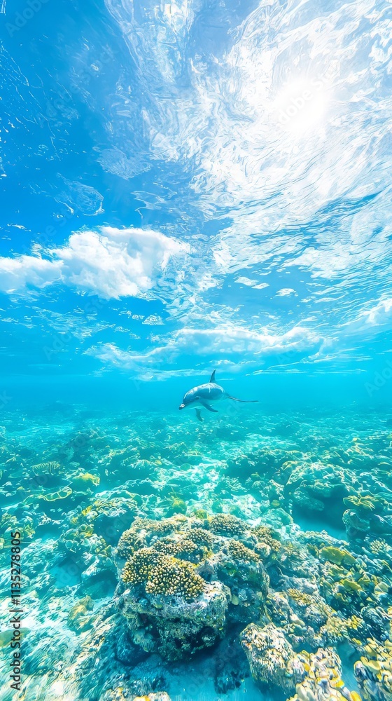 Fototapeta premium A serene underwater scene featuring a dolphin swimming over coral reefs.
