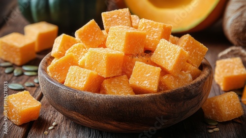 Delicious pumpkin soup with croutons and herbs served in a rustic bowl on a w...