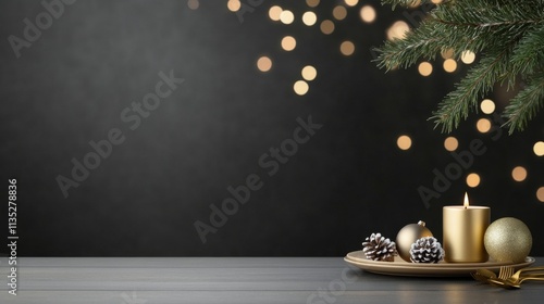 Elegant Christmas table setting with decorations and warm candlelight during ...