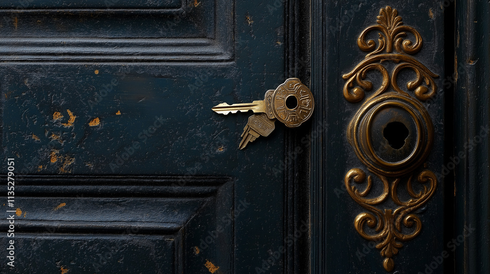 A key is hanging from a door handle A key is hanging from a door handle