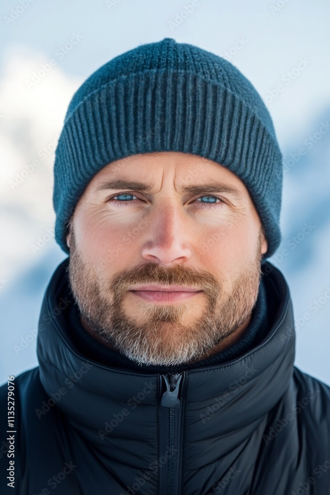 Portrait of a man with blue eyes and a beanie against a snowy mountain backdrop Portrait of a man with blue eyes and a beanie against a snowy mountain backdrop
