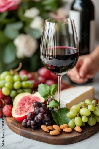 Enjoying red wine with fresh grapes in a cozy dining setting during the evening