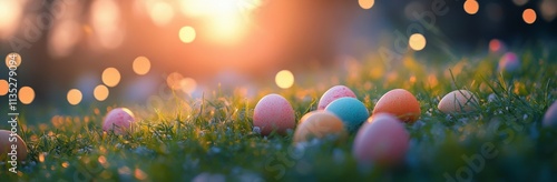 Colorful eggs scattered on lush grass under bright sunlight in a springtime s...