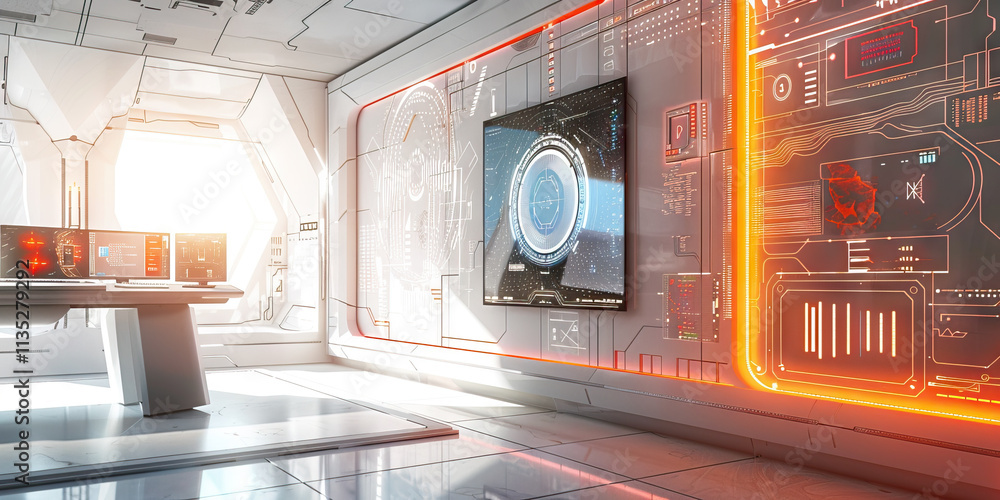 Obraz premium Futuristic Control Room Interior with Data Displays and Workstations