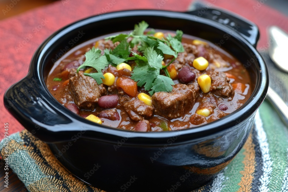 Rich and Hearty Beef Chili with Beans, Corn, and Fresh Cilantro Garnish Served in a Black Bowl for a Comforting Meal Experience Rich and Hearty Beef Chili with Beans, Corn, and Fresh Cilantro Garnish Served in a Black Bowl for a Comforting Meal Experience