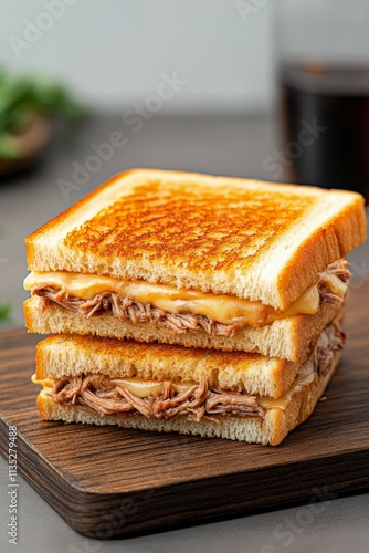 Pulled pork sandwich served with fries and cold drink on a wooden table