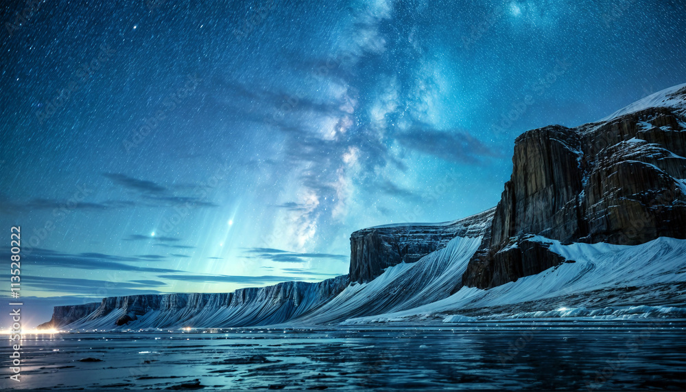 Naklejka premium Milky Way over the icy rocks of the fiord.