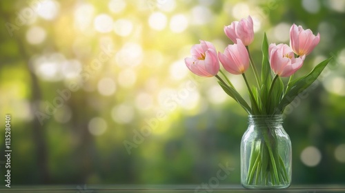 Beautiful pink tulips arranged in a wicker basket on a sunny day in a garden