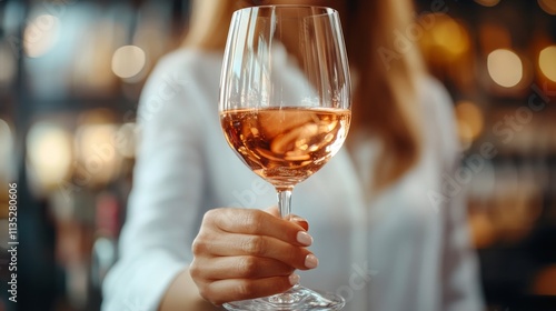 Woman holding a glass of rose wine in an elegant indoor setting on a bright day