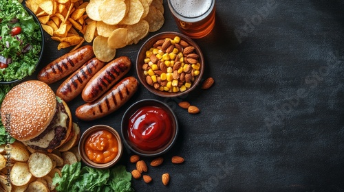 Delicious spread of grilled sausages, burger, snacks and drinks on rustic woo...