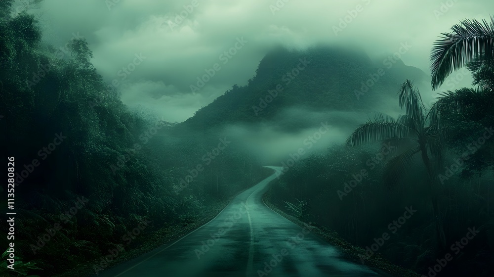 Obraz premium Mystical road winding through lush mountains enveloped in dense fog