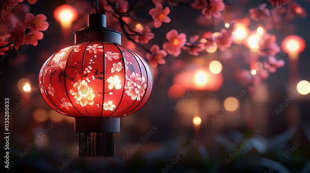 Illuminated red Chinese lantern with peach blossom on romantic night background. Chinese New Year, Spring Festival and traditional decor concept. Digital illustration for poster, card Illuminated red Chinese lantern with peach blossom on romantic night background. Chinese New Year, Spring Festival and traditional decor concept. Digital illustration for poster, card