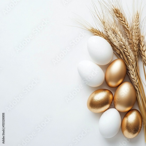 Golden and white eggs with wheat on a clean white background for seasonal decor