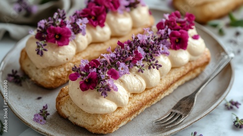 Lavender dessert with cream filling and edible flowers garnished on a white p...