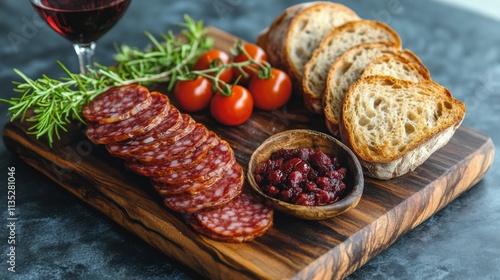 Gourmet platter of cured meat, bread, cherry tomatoes, and wine in a cozy set...