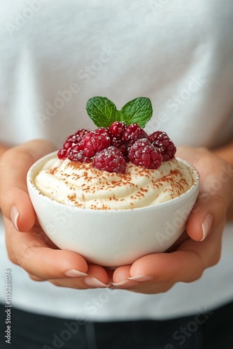 Creamy dessert topped with fresh raspberries and mint leaves in a cozy kitche...