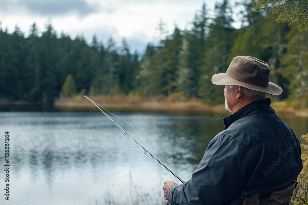 Senior man enjoys a relaxing day fishing by a serene lake surrounded by lush trees Senior man enjoys a relaxing day fishing by a serene lake surrounded by lush trees