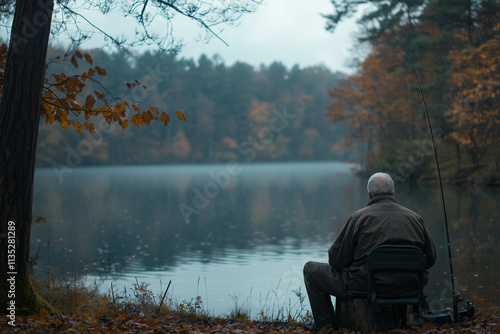 Senior man enjoys peaceful fishing experience at tranquil lake surrounded by autumn scenery in early morning light