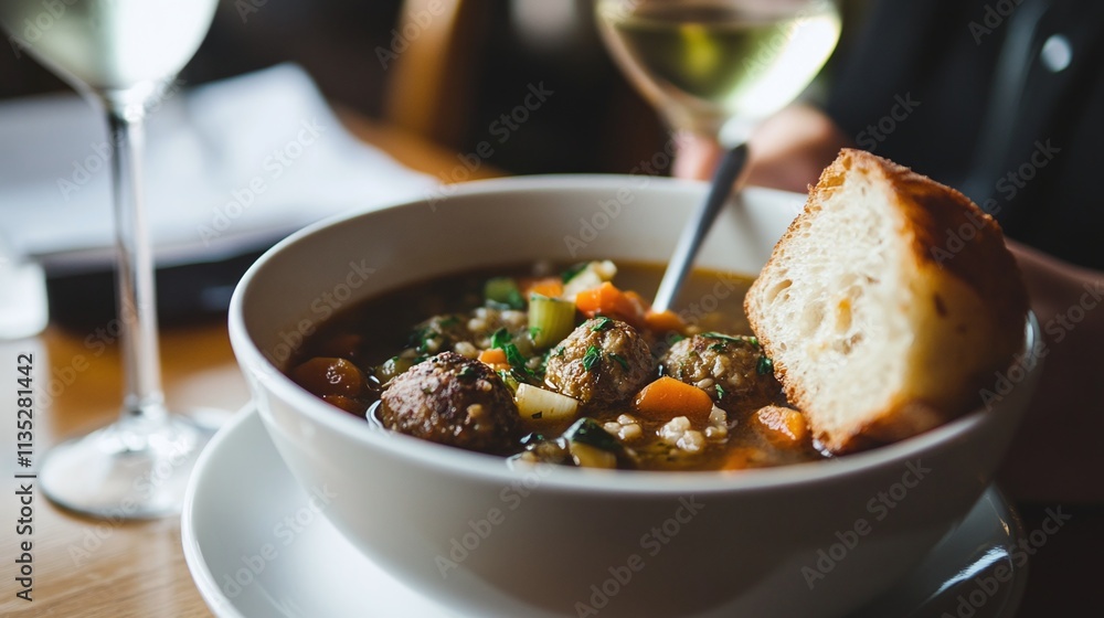 A bowl of hearty Scottish broth, with vegetables, barley, and meatballs, served with crusty bread A bowl of hearty Scottish broth, with vegetables, barley, and meatballs, served with crusty bread