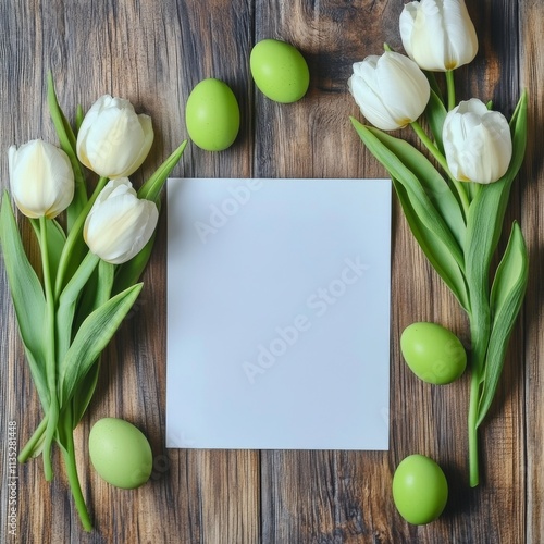 Beautiful spring arrangement with white tulips, decorative eggs, and blank ca...