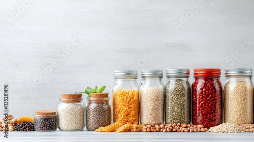 Colorful arrangement of jars filled with various grains, legumes, and pasta o...